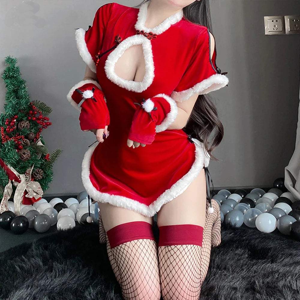Image of Autumn Winter Velvet Christmas Cosplay Red Dress Retro Women Sexy Cheongsam Lingerie Uniform Short Sleeve Kawaii